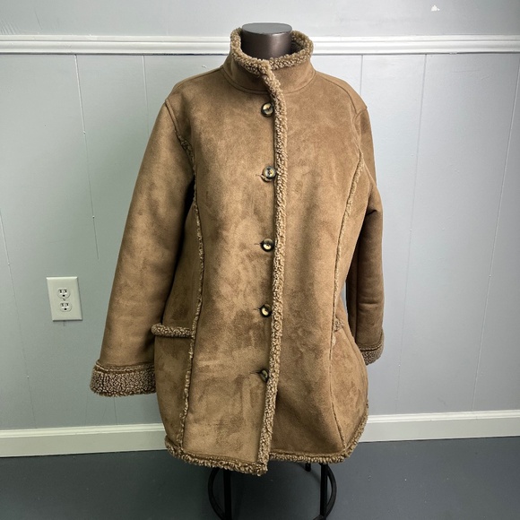 L.L. Bean Women's Brown Faux Suede Shearling Sherpa Coat Size Medium - Picture 1 of 15